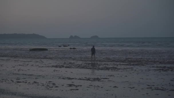 Tema Ocean ebb en el norte de Francia en la región de Bretaña. Hombre turista camina a lo largo de la costa al atardecer. Costa Atlántica. Playa del Océano Atlántico durante marea baja, con dunas de arena. Puesta de sol atmosférica y calmante — Vídeo de stock