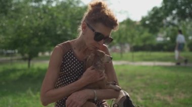 Yaşlı bir kadın, bir yaz parkında bir bankta evcil bir hayvanla dinleniyor. Dachshund köpeği olan olgun bir kadın güneşli bir havada şehir parkında bir bankta oturur. Yaşam tarzı. Sahibi ve hayvanı