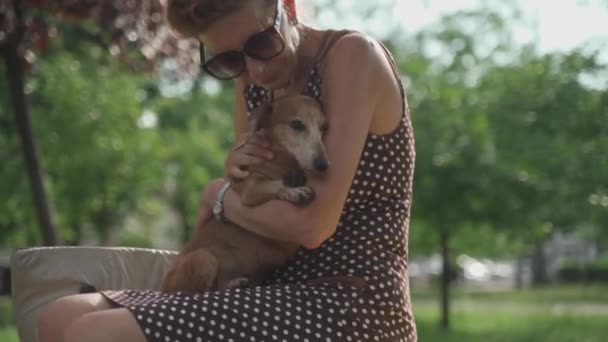 Una mujer madura se sienta en un banco en un parque de la ciudad con un perro salchicha sosteniéndolo en sus brazos y abrazándose. Feliz anciana sentada con el perro en el banco en el parque de verano. Descanse con una mascota — Vídeos de Stock
