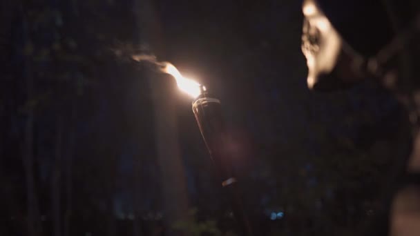 Vakantie thema en kostuum feest voor Halloween. Een onherkenbare man met een skelet masker houdt een bamboe zaklamp in zijn hand en kijkt er 's nachts intens naar. Dood met een zeis en een stok met vuur — Stockvideo