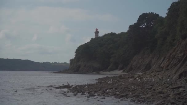 Phare Du Portzic fyr och den klippiga stranden av havet i den franska staden Brest. — Stockvideo