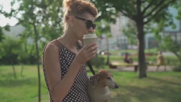 Donna matura e snella che porta a spasso il suo cane bassotto in una borsa portante e beve caffè per andare nel soleggiato clima estivo — Video Stock