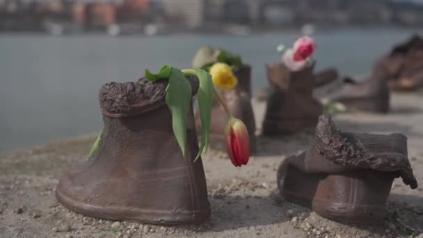 Παλιά μεταλλικά σκουριασμένα παπούτσια στο στηθαίο του αναχώματος του ποταμού Δούναβη στη Βουδαπέστη της Ουγγαρίας. Μνημείο για τα θύματα της ναζιστικής καταστολής. Η ναζιστική τρομοκρατία και το Ολοκαύτωμα — Αρχείο Βίντεο