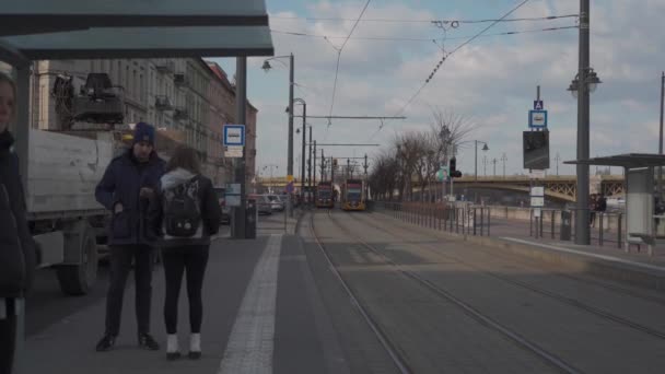 8. března 2022 Budapešť, Maďarsko. Veřejná doprava v Budapešti. Typická žlutá tramvaj projíždí starým městem v Budapešti — Stock video