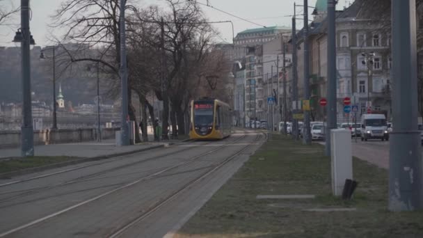 8 марта 2022 года. Венгрия. Будапешт. Типичный желтый трамвай ходит по главным улицам города в солнечную весеннюю погоду — стоковое видео