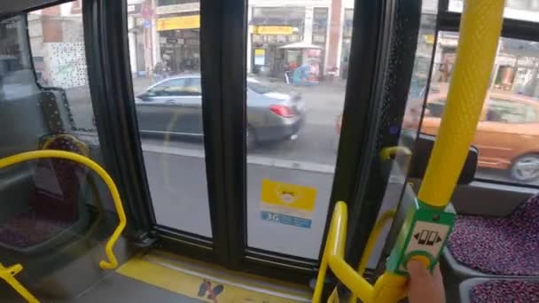 Germany, Berlin. Public transport bus BVG, Berliner Verkehrsbetriebe inside view from passenger seat — стокове відео