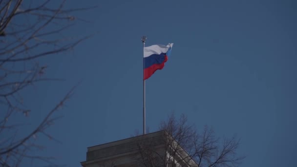 Berlin, Almanya. Rus bayrağı Berlin 'deki Rus elçiliğinin üzerinde dalgalanır.. — Stok video
