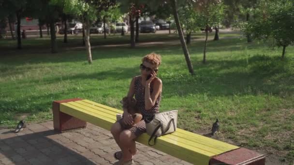 夏の日差しの中で公園でアヒルの犬を保持ベンチに座って行くためにコーヒーを飲む高齢女性 町のコーヒーを飲みながら電話で話す小さな犬のラウンジのシニア女性の所有者 — ストック動画