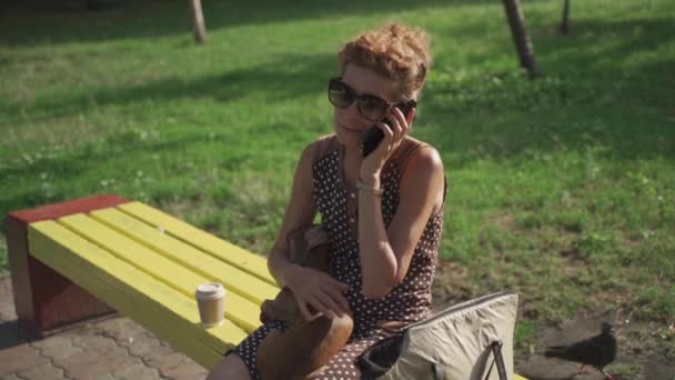 在公园的夏天 老妇人拿着小腊肠狗在电话里聊天 边喝咖啡边坐在长椅上 年长的宠物主人在长椅上休息 喝咖啡 打电话 — 图库视频影像