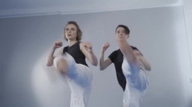 Tekvando eğitiminde iki bayan sporcu hızlı tekme atıyor. Dövüş sanatları ve kadınlar için meşru müdafaa. Spor salonunda iki tekvando dövüşçüsü. Tekvando pratisyenleri birlikte antrenman yapıyor.