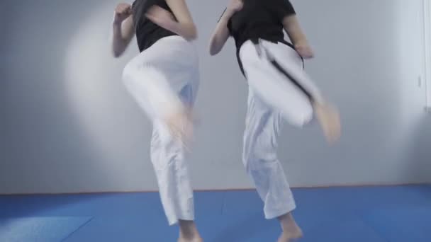Calci Formazione Arti Marziali Due Praticanti Taekwondo Femminili Che Allenano — Video Stock