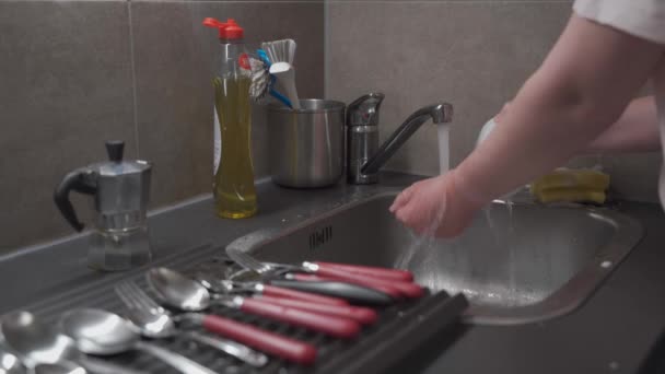 Huishouden Schoonmaken Huishoudelijke Taken Afwas Keukengerei Gootsteen Vrouwelijke Hand Afwassen — Stockvideo