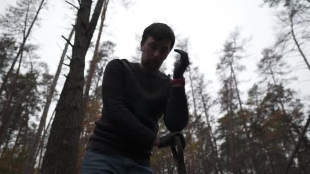 Grieving Man Stands Grave Shovel Very Sad Funeral Topic Burial — Stock video