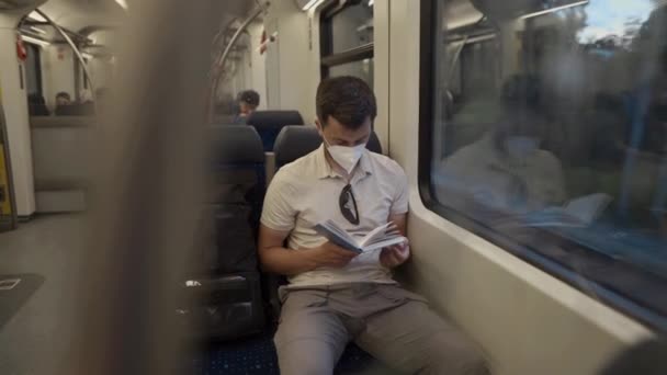 Commuter Wearing Protective Mask Reads Book Train Trip Germany While — Video