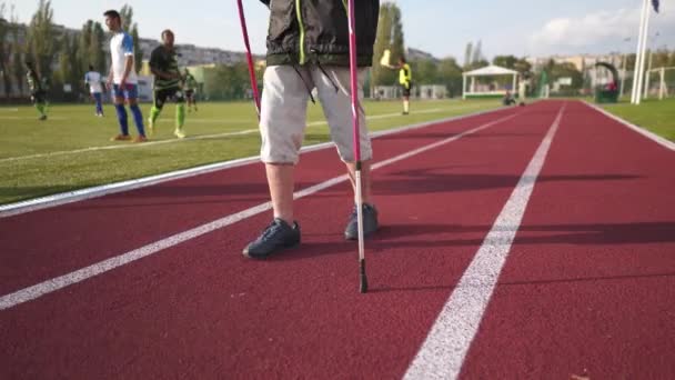 Legs Year Old Senior Woman Walks Stadium Rubber Coating Walking — стоковое видео