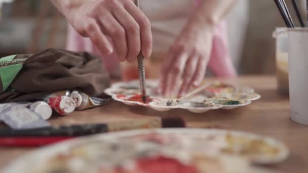 Gros Plan Artiste Femme Peinture Main Sur Toile Avec Pinceau — Video