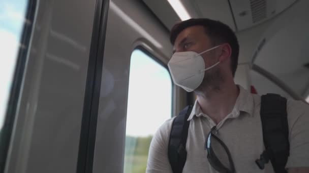 Drukke Trein Voor Euro Ticket Duitsland Mannelijke Passagier Met Masker — Stockvideo