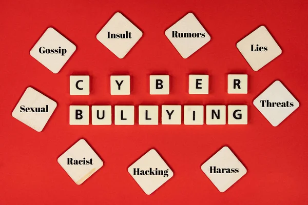 Layout of plastic tiles with text CYBER BULLYING and wooden tiles with texts of cyberbullying actions. Cyberbullying concept