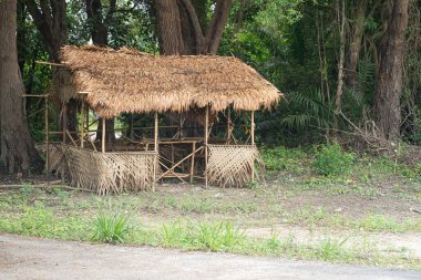 Ormanın kenarında duvarları olmayan bir saman kulübesi. Seçici odak noktaları