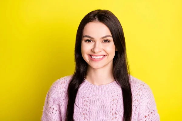 Photo of millennial brown hairdo lady wear pink sweater isolated on vivid yellow color background — Stock Photo, Image