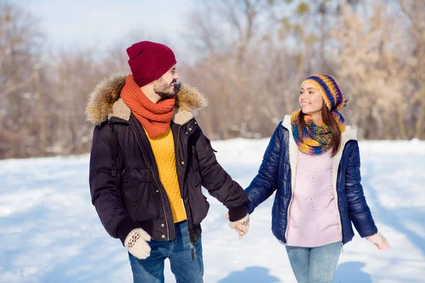 Φωτογραφία πορτρέτο του χαμογελαστού συζύγου και του συζύγου που περνούν τις διακοπές τους περπατώντας στο χειμερινό πάρκο κρατώντας τα χέρια — Φωτογραφία Αρχείου