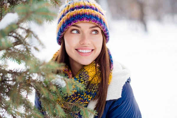 Foto de jovem mulher atraente feliz sorriso positivo sonho sonhador olhar vazio espaço floresta inverno nevado — Fotografia de Stock