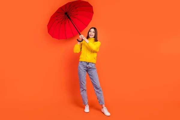 Volledige lengte foto van jonge vrouw gelukkig positieve glimlach winderige paraplu natte herfst geïsoleerd over oranje kleur achtergrond — Stockfoto