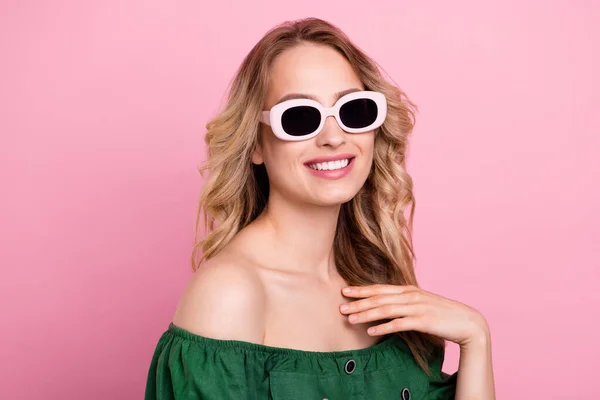 Photo of tender beauty tourist lady hand chest wear sunglass bear shoulders green blouse isolated pink color background — Stock Photo, Image