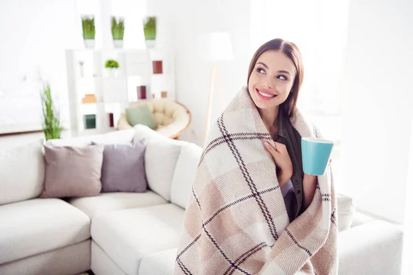 Фото очаровательной мечтательной молодой леди носить зеленую рубашку улыбаясь покрытое одеяло пить чай в помещении комната дома — стоковое фото