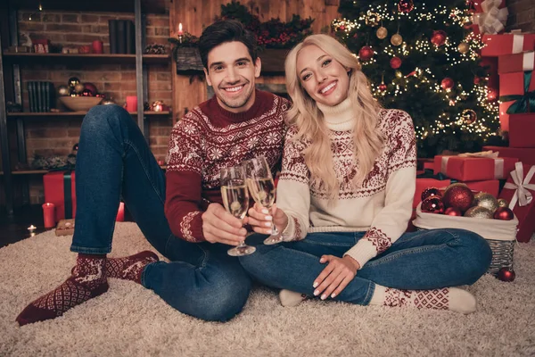 Zdjęcie uroczy młody żona mąż nosić druk swetry uśmiechając się pijąc szampana świętując noel w domu domu dom pokój — Zdjęcie stockowe