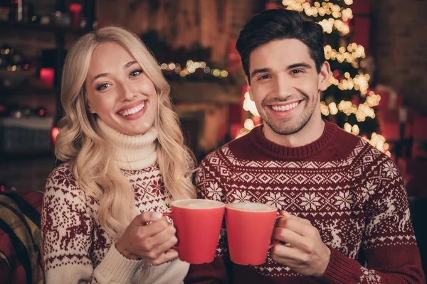 Zdjęcie cute zabawny mąż żona ubrana druk pulowerów świętowanie noel picie ajerkoniaku uśmiechając się w pomieszczeniu domu — Zdjęcie stockowe
