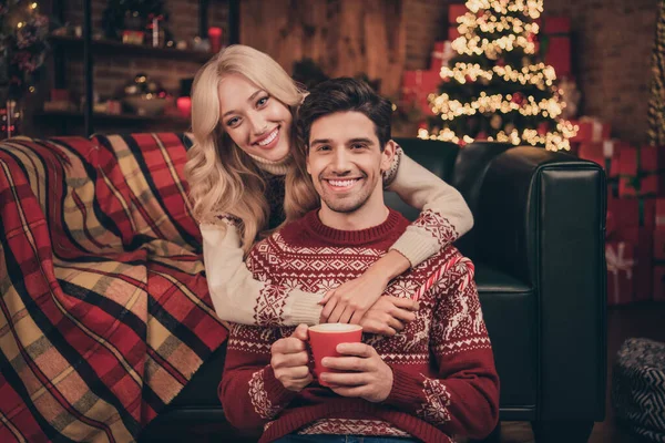 Zdjęcie uroczej słodkiej żony mąż ubrany druk pulowerów obejmujący picie świąt ajerkoniak uśmiechając się w pomieszczeniu domu — Zdjęcie stockowe