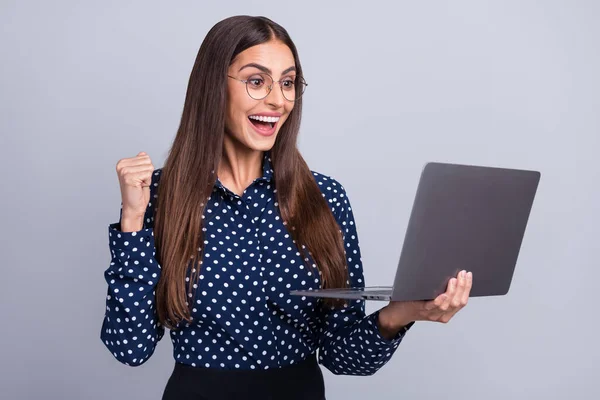 Fénykép impozáns Y-generációs barna hölgy néz laptop visel kék ing szemüveg elszigetelt szürke színű háttér — Stock Fotó
