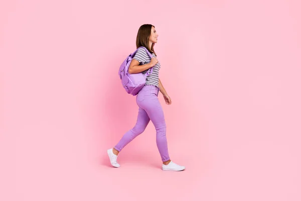 Foto de dulce linda joven dama usar traje a rayas mochila sonriente caminando vacío espacio aislado color rosa fondo — Foto de Stock