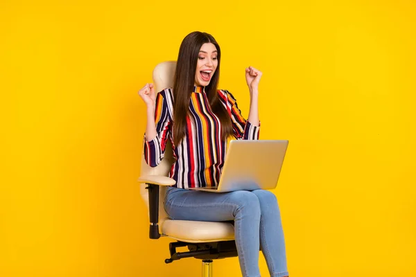 Adatlap side photo of young woman happy positive smile sit stool look laptop ujjongás győzelem elszigetelt sárga szín háttér — Stock Fotó