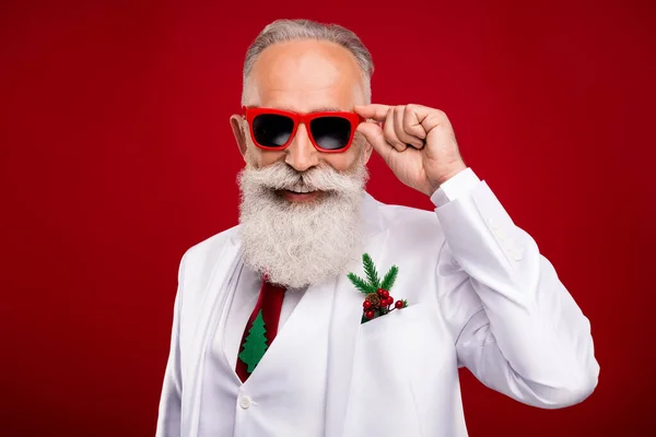 Photo of cool old white hair good man wear spectacles white jacket isolated on red color background — Stock Photo, Image