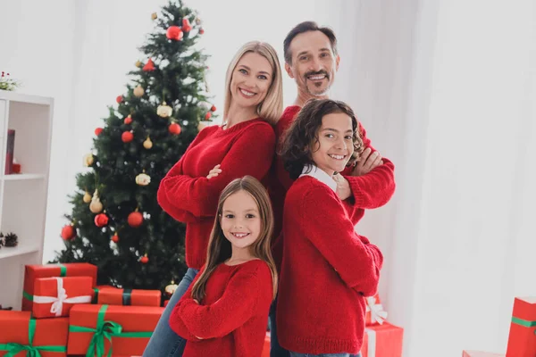 Portrait of beautiful handsome trendy cheerful family spending time December eve folded arms at decorated light home house indoors — Stock Photo, Image