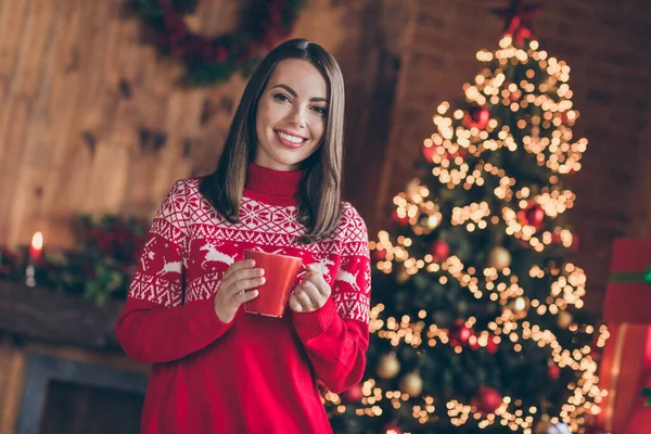 Foto di sognante allegra signora indossare pullover rosso sorridente godendo bevanda di Natale al chiuso casa camera di casa — Foto Stock