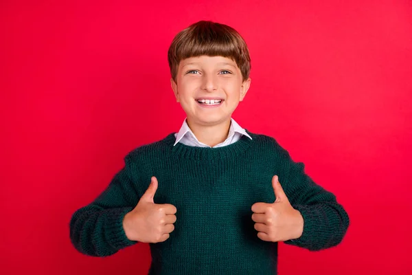 Foto von niedlichen hübschen Schuljungen tragen gestrickten Pullover lächelnd zeigt zwei Daumen nach oben isoliert rote Farbe Hintergrund — Stockfoto