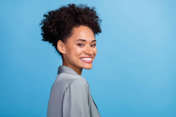 Adatlap side photo of young cheerful afro woman awakening enjoy morning isolated over blue color background — Stock Fotó