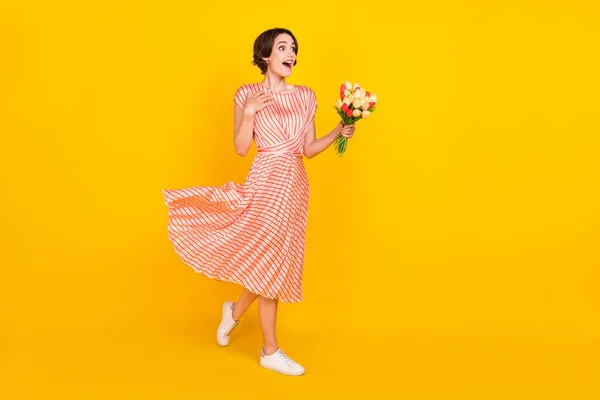 Perfil foto de alegre animado menina segurar cacho flores usar vestido listrado isolado cor amarela fundo — Fotografia de Stock