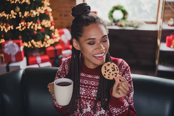 Foto av fridfull lugn dam sitta soffa håll kaffekopp njuta av choklad cookie bära pullover i dekorerade hem inomhus — Stockfoto