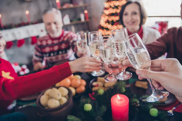 Фотопортретная семья празднует рождественские праздники в помещении и пьет шампанское вместе — стоковое фото