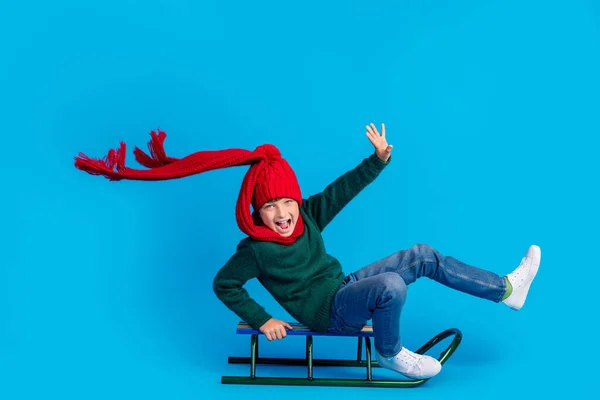 Full längd kropp storlek foto pojke ropar ridning slädar isolerad klarblå färg bakgrund — Stockfoto