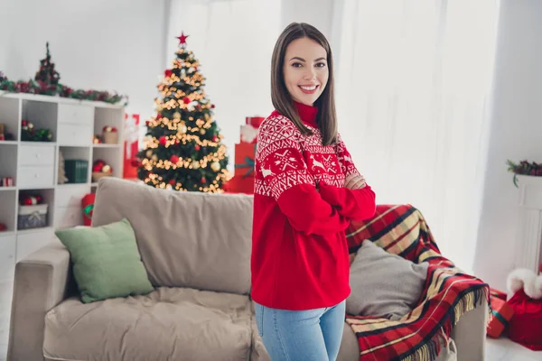 Profil stronie zdjęcie młodej wesołej dziewczyny gotowy do świętowania Nowy rok wystrój mieszkania nosić sweter w pomieszczeniach — Zdjęcie stockowe