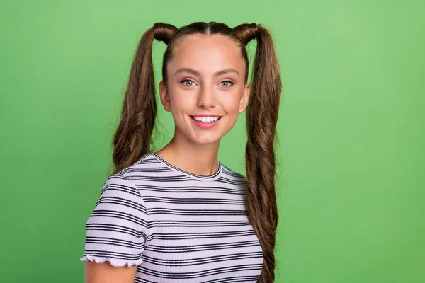 Photo of charming happy positive young woman wear striped t-shirt casual smile isolated on green color background — Stock Photo, Image