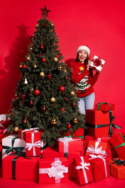 Foto di eccitati giovani signora buon umore regalo giocattolo arredamento magia festivo mezzanotte Natale isolato su sfondo di colore rosso — Foto Stock