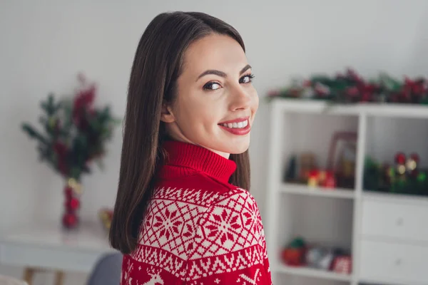 Adatlap oldal fotó fiatal szép lány viselni pulóver dísz ünnep december hangulat holly beltéri — Stock Fotó