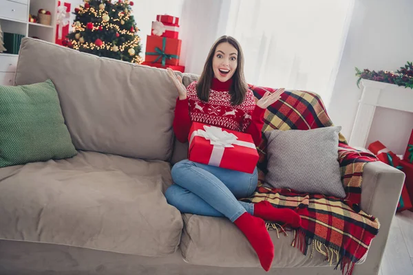Heyecanlı, çılgın, etkilenmiş bir kadının fotoğrafı rahat koltuğa otur, dizlerini tut, kazağı iç dekorasyonlu Noel evinde giy. — Stok fotoğraf