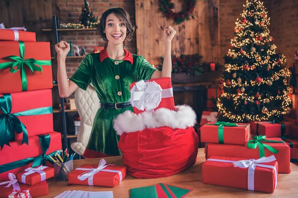 Fotografie užaslý šílený pozitivní dodávka pracovník dáma radovat nosit elf kostým v zdobené kanceláři uvnitř — Stock fotografie
